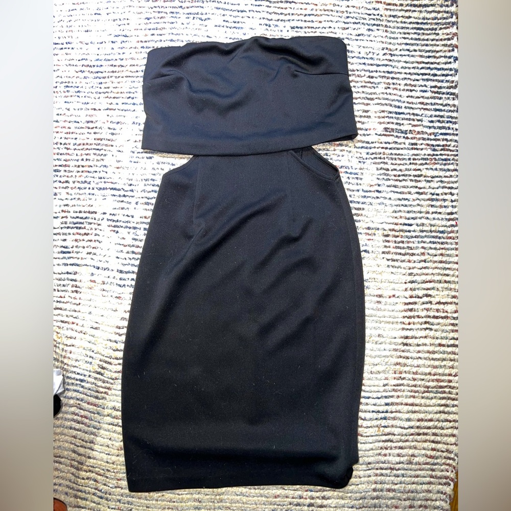 Little Black Strapless Cocktail Dress LBD with cutouts.
